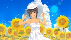 Flowers dress anime girls blue eyes short hair white dress 