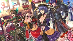 Flowers dress armor red eyes blue hair smiling anime girls 