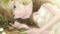 Flowers dress blondes long hair anime girls blue eyes lying 