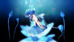 Flowers dress buds underwater blue hair blue eyes short hair 
