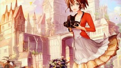 Flowers dress Cameras anime girls green eyes brunettes pantyhose