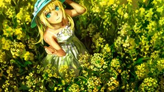 Flowers dress hats fields blondes long hair vocaloid aqua eyes 