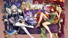 Flowers dress hats white hair red eyes Ribbons sitting clocks 