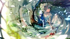 Flowers dress Knives cakes anime girls green eyes short hair 