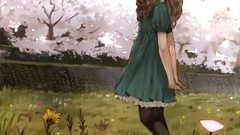 Flowers dress long hair anime girls brunettes blossoms kishida 