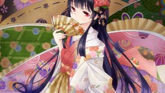 Flowers dress red eyes fans long hair anime girls bangs touhou 