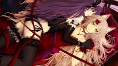 Flowers dress red eyes gloves Ribbons red dress blondes pillows 