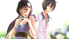 Flowers dress red eyes long hair anime girls brown eyes short 