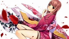 Flowers dress red eyes sitting long hair anime girls brunettes 