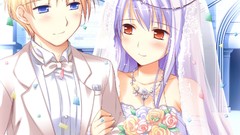 Flowers dress red eyes wedding Ribbons blondes blush long hair 