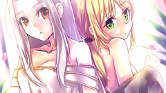 Flowers dress saber red eyes coat blondes blush long hair anime 