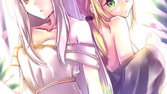 Flowers dress saber red eyes coat blondes blush long hair anime 