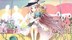 Flowers dress sitting long hair anime girls original characters