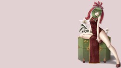 Flowers dress sitting red dress bows legs long hair green eyes 