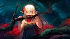 Flowers dress white hair long hair pink eyes forests Patipat 