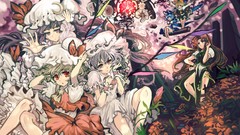 Flowers dress white hair red eyes chains blue hair long hair 