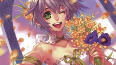 Flowers dress white hair smiling anime girls green eyes short 