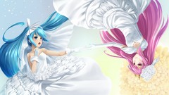 Flowers dress white roses gloves bows veil blue hair pink hair 