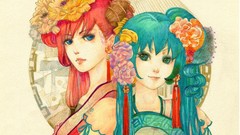 Flowers earrings long hair anime girls blue eyes green eyes 