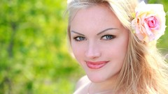 Flowers eyes woman lips faces blondes smiling long hair