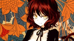 Flowers fangs faces anime girls short hair yellow eyes black 