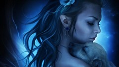 Flowers fantasy Animals blue woman Dogs earrings artwork 