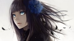 Flowers feathers anime girls blue eyes