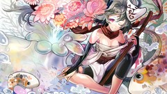 Flowers fish blade Katana Anime scarfs long hair pink eyes 