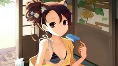 Flowers food Anime close-up anime girls brown eyes indoors 