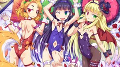 Flowers food Anime navel red eyes Ribbons long hair anime girls 