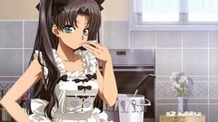 Flowers food brown Ribbons long hair blue eyes fate stay night 