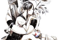 Flowers food fish Anime Japanese monochrome anime girls seifuku 