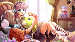 Flowers food headphones pink hair barefoot anime girls phones 