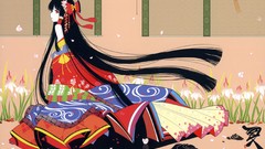 Flowers Games Plants red eyes kimono bows long hair brunettes 