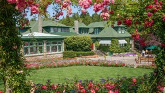 Flowers Garden pink flowers houses hedges
