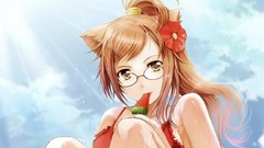 Flowers glasses long hair anime girls brown eyes bare shoulders 