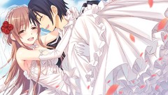 Flowers gloves elbows blush long hair brown eyes short hair 