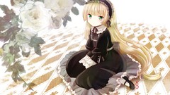 Flowers Gothic dress blondes long hair anime girls green eyes 