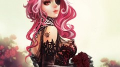 Flowers Gothic woman tattoos pink hair eye patch artwork 