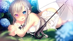 Flowers grass ass dress Umbrellas white hair smirk outdoors 
