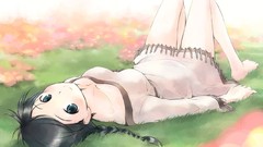 Flowers grass blush barefoot anime girls blue eyes braids black 