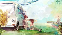 Flowers grass clouds Anime brown Shade anime girls brunettes 