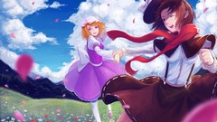 Flowers grass clouds Anime dress anime girls blue eyes brown 