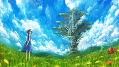 Flowers grass clouds Anime dress anime girls scenic fantasy art