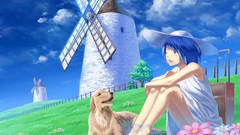 Flowers grass clouds dress blue hair anime girls blue eyes 