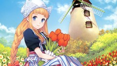 Flowers grass clouds mill tulips windmills hats Ribbons fields 