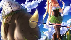 Flowers grass clouds weapons horns rhinoceros spears skirts 