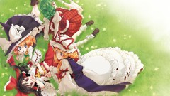 Flowers grass dress hats socks navel red eyes sitting red dress 