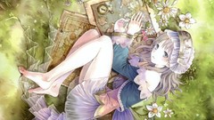 Flowers grass dress long hair barefoot gray eyes anime girls 