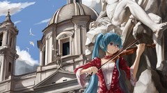 Flowers grass dress statues violins hatsune miku skies twintails